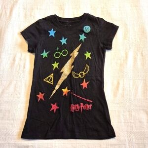 Harry Potter girls size 6/6X black short sleeve shirt, sparkly lightening, VGUC